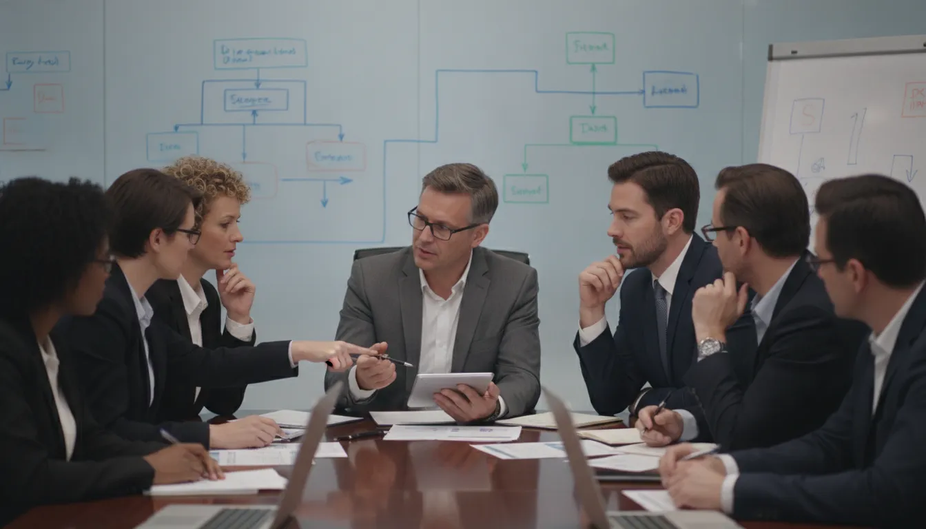 Cross-functional team planning an ERP implementation roadmap