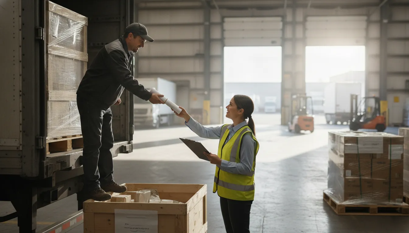 Freight handoff at a loading dock during an EDI 204 214 990 logistics workflow implementation