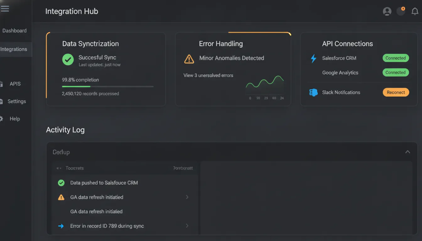 iPaaS integration dashboard showing automated workflow pipelines and API monitoring