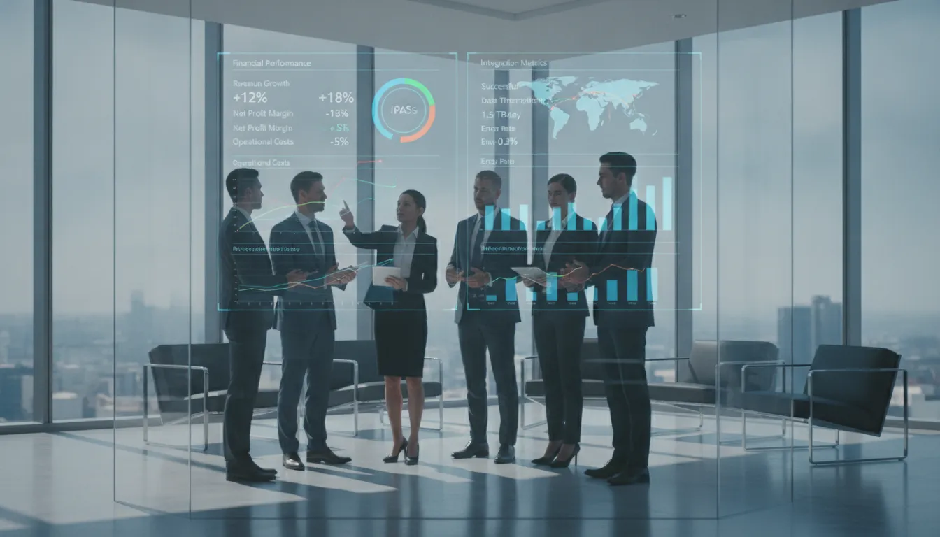 Executive team reviewing iPaaS integration dashboard with financial KPIs and performance metrics on a large display screen