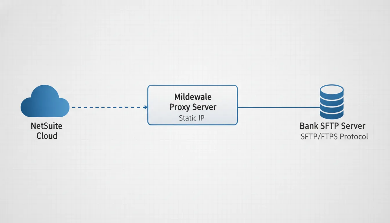 NetSuite SFTP integration architecture diagram showing cloud to middleware proxy to bank server