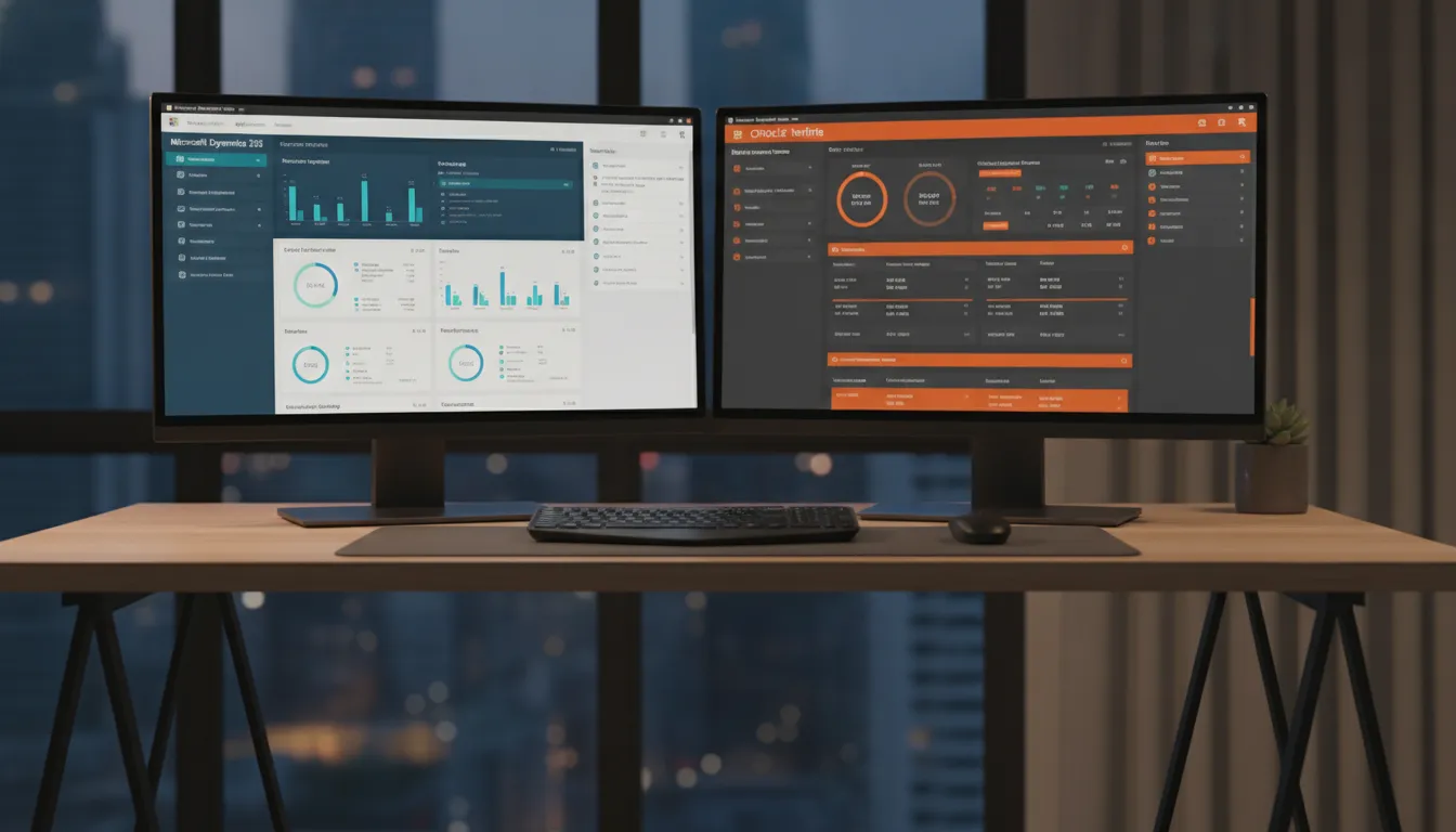 Two screens displaying Microsoft Dynamics 365 and Oracle NetSuite ERP dashboard interfaces for side by side comparison