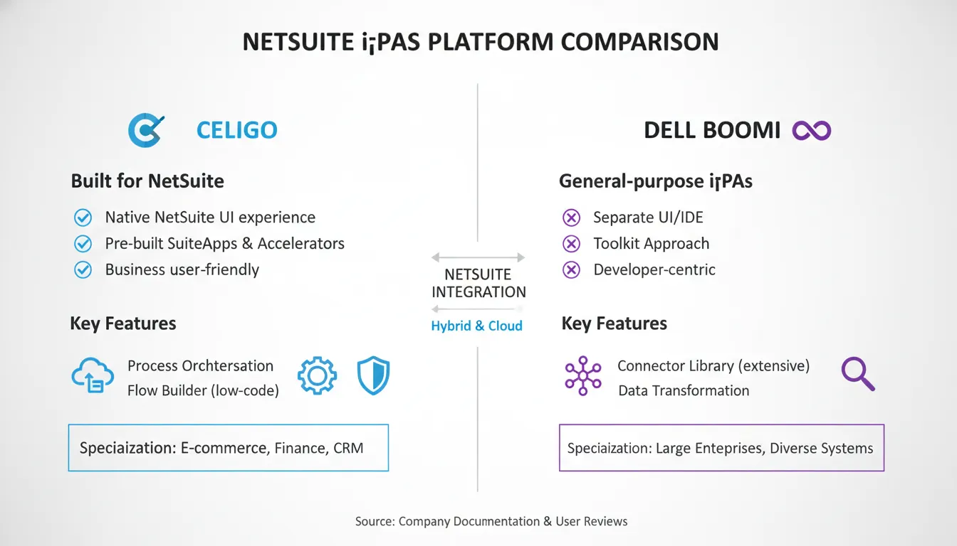 Visual comparison of Celigo and Boomi iPaaS architectures for NetSuite integration