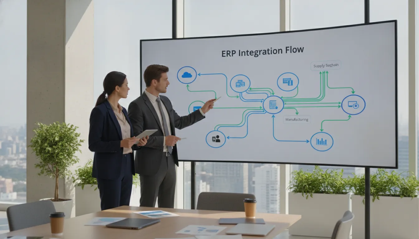 Business professionals discussing ERP system integration on a large monitor showing connected data flow diagrams