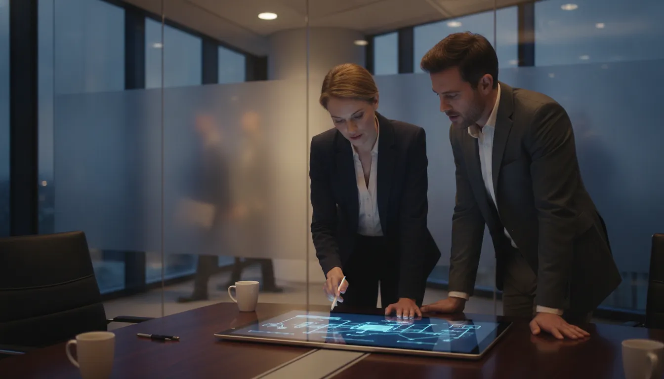 Business professionals comparing system architecture options on a tablet in a modern office