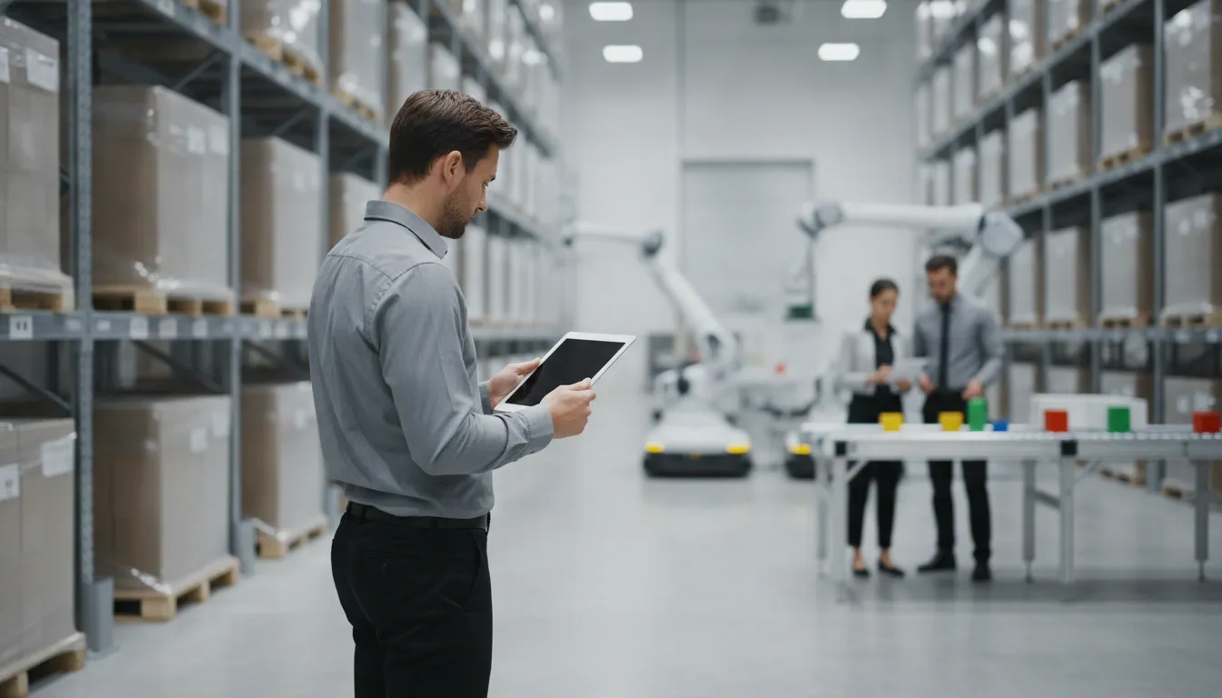 Supply chain manager reviewing inventory data on a tablet in a professional warehouse setting
