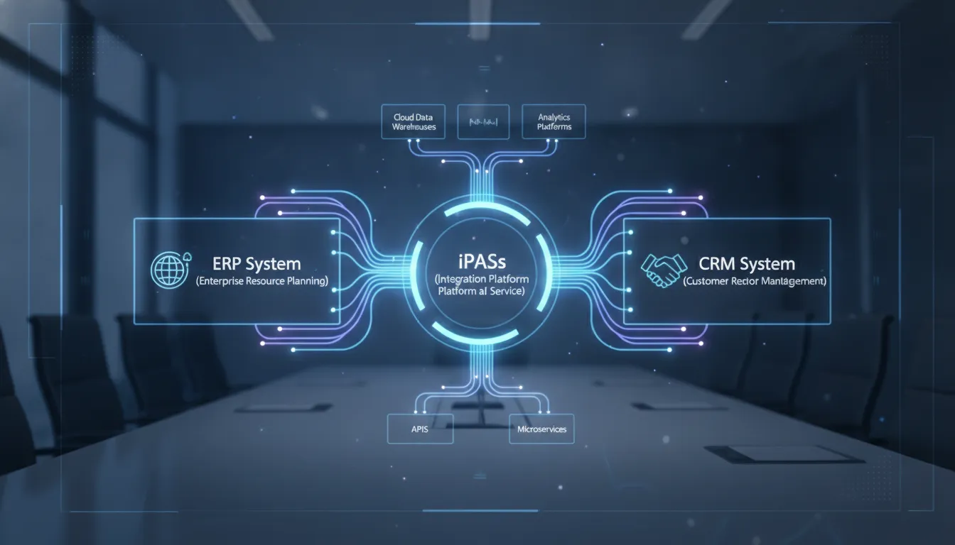 Data integration architecture diagram showing ERP and CRM systems connected through a central iPaaS hub with glowing data pipelines