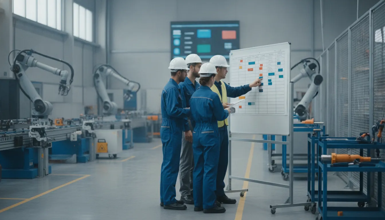 Manufacturing team coordinating production and work order flow on a shop floor