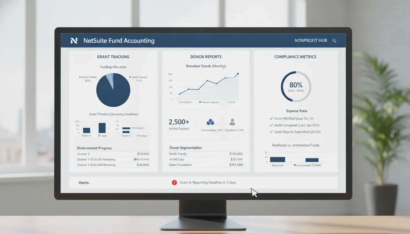 Nonprofit finance dashboard showing NetSuite fund accounting with grant tracking, compliance metrics, and real-time fund balance reports