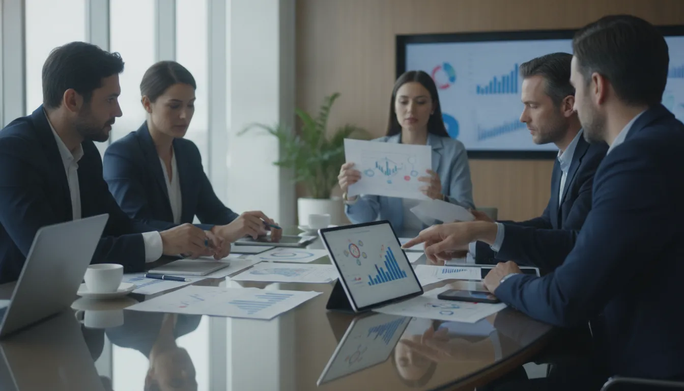 Professional services consulting team reviewing project financial reports and resource allocation charts in a modern office