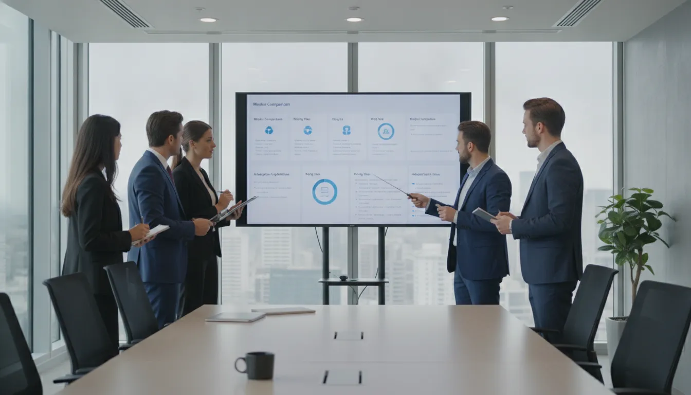 Professional business team evaluating ERP software choices in a modern office conference room