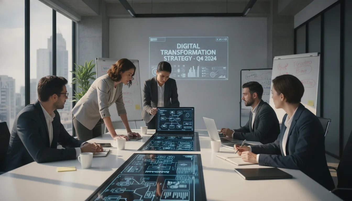 Business team collaborating on digital transformation and technology integration strategy