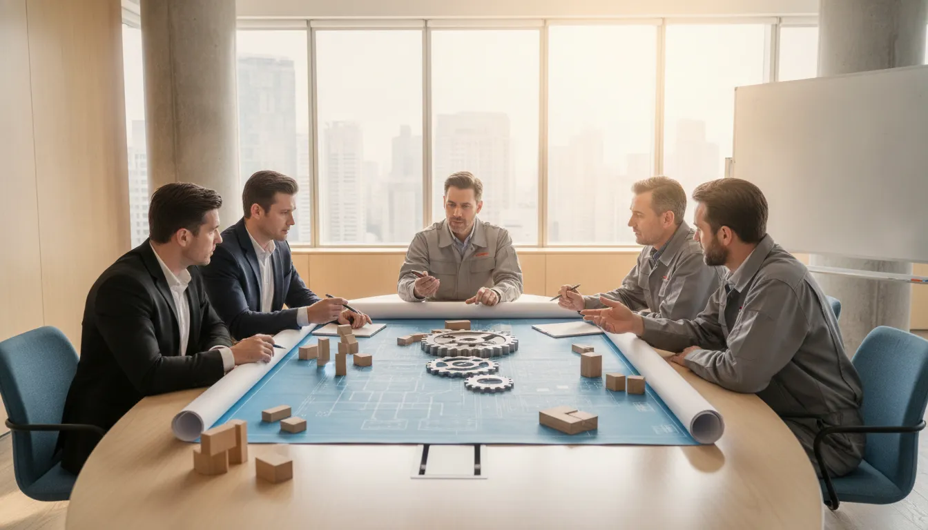 Business consultants and operations managers reviewing an ERP implementation plan around a conference table