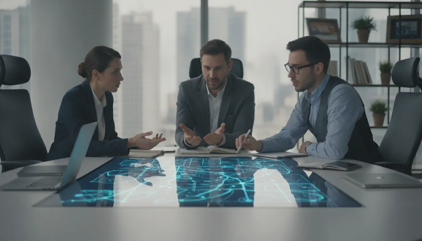 Business executives and a technology advisor reviewing an enterprise software roadmap around a conference table