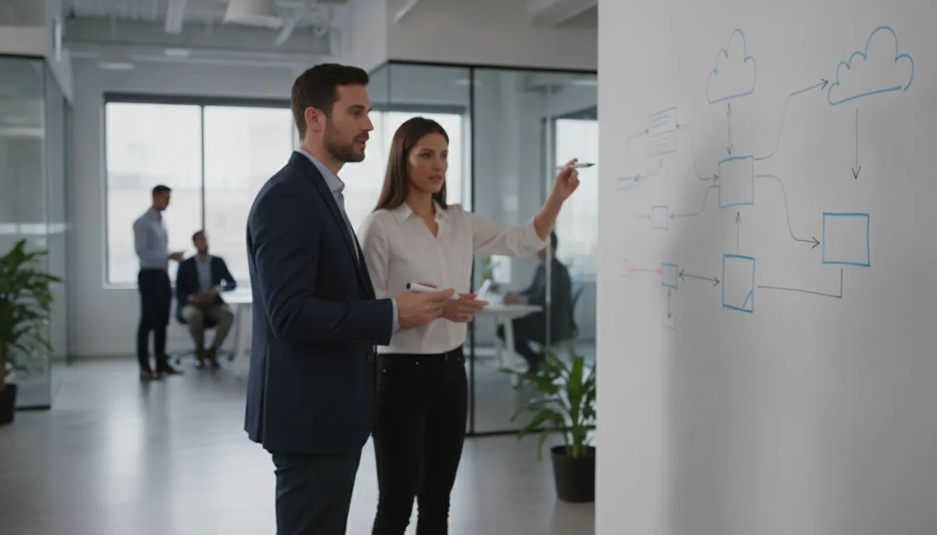 Two consultants mapping a business system integration flow together in a modern office