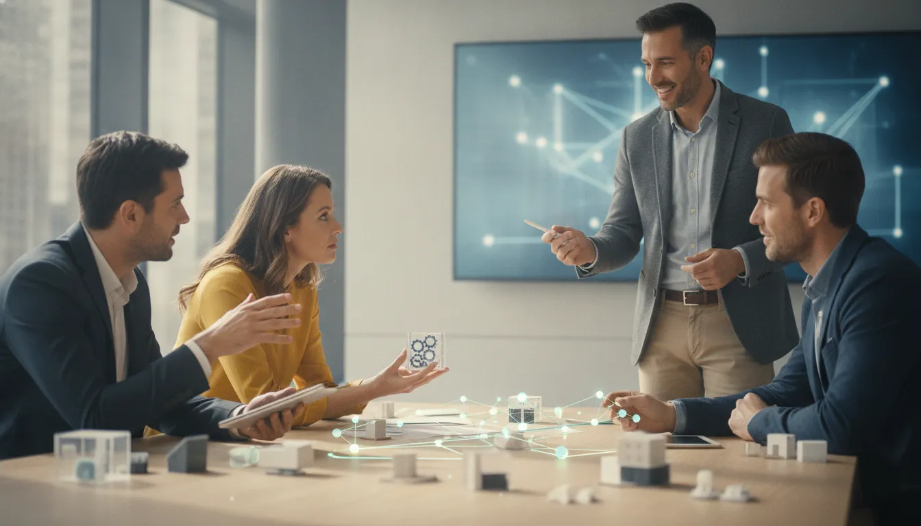 A finance team and technology consultant discussing system integration and workflow optimization in a bright office