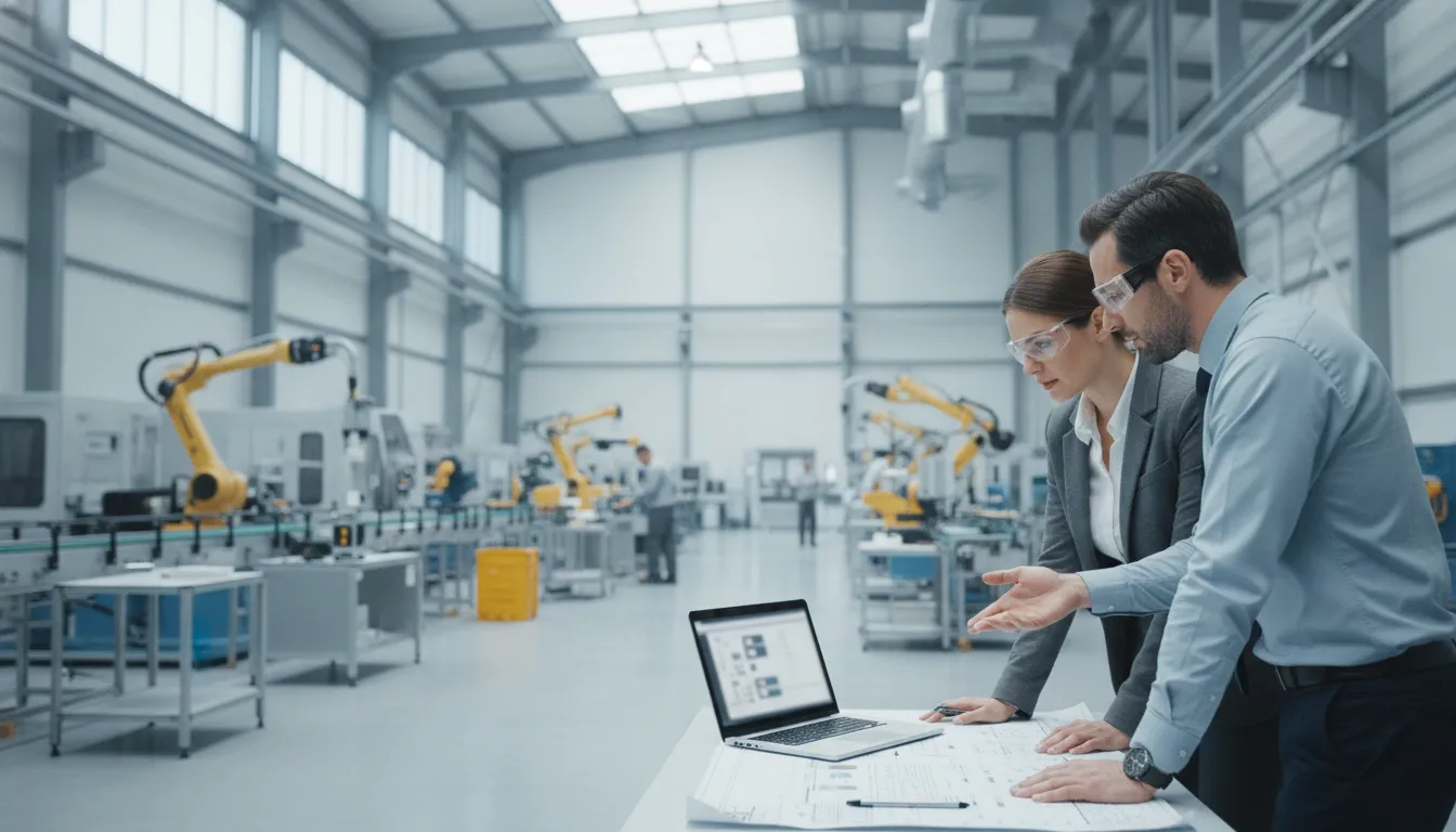 Operations manager and consultant reviewing a manufacturing workflow