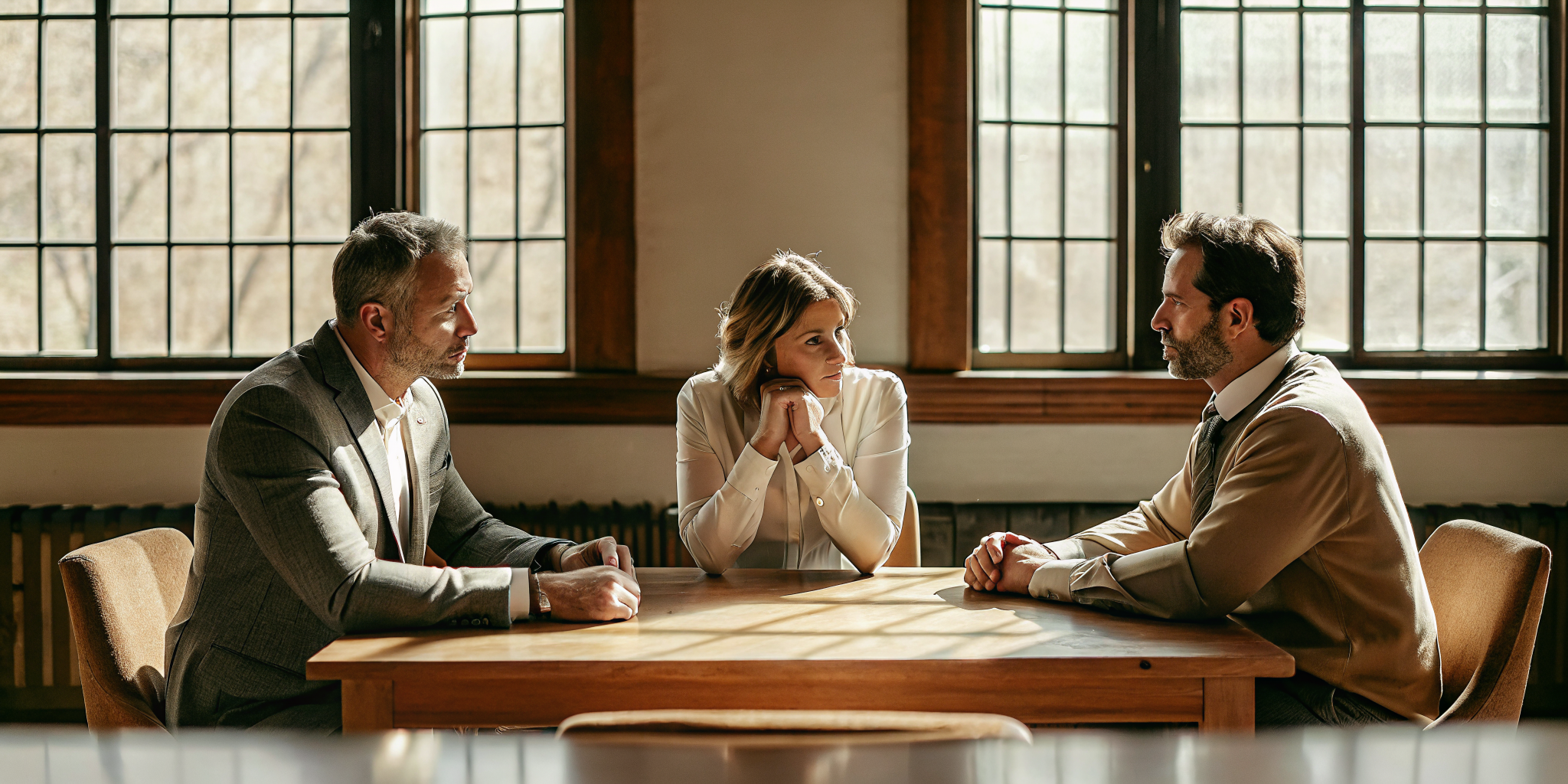 An experienced immigration lawyer discussing the spousal open work permit with a Canadian couple in a law office