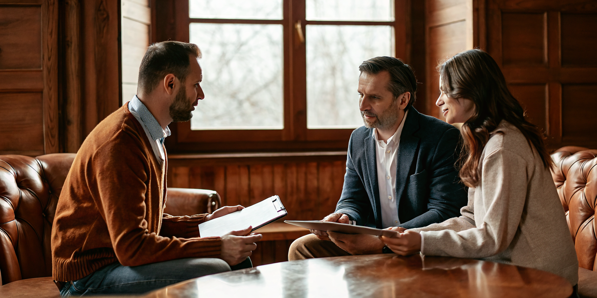 A couple reviewing their spousal sponsorship application documents with a Canadian immigration consultant