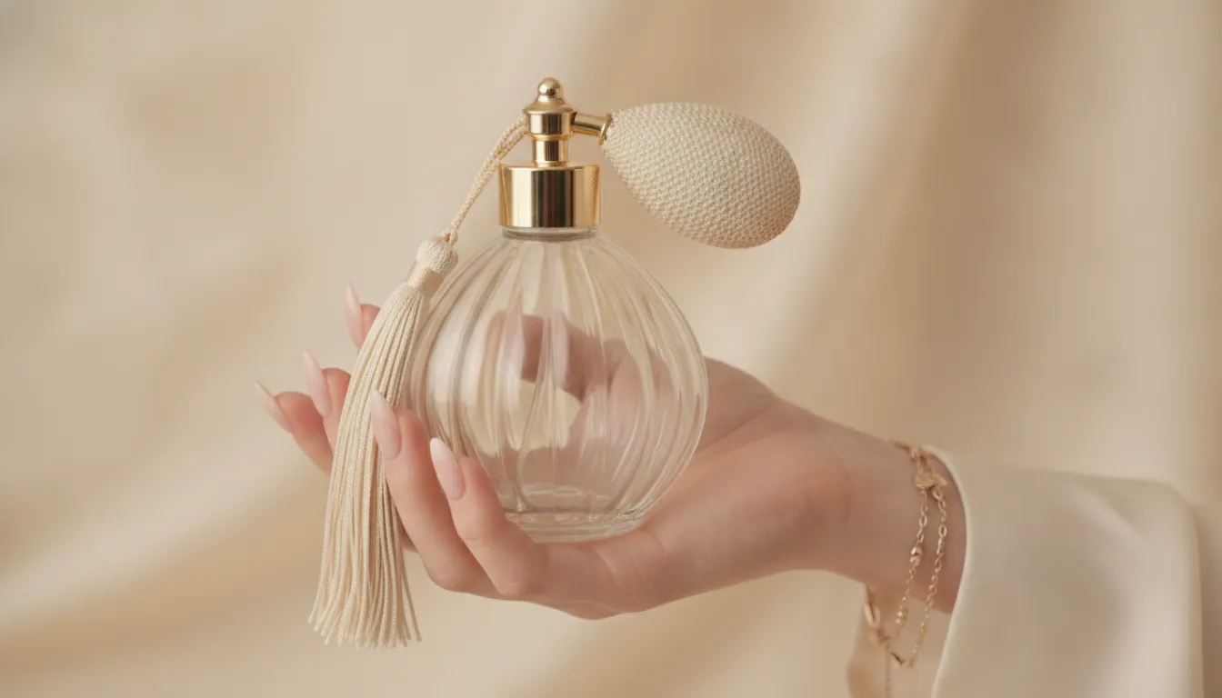 Hand holding a perfume atomizer against a cream background