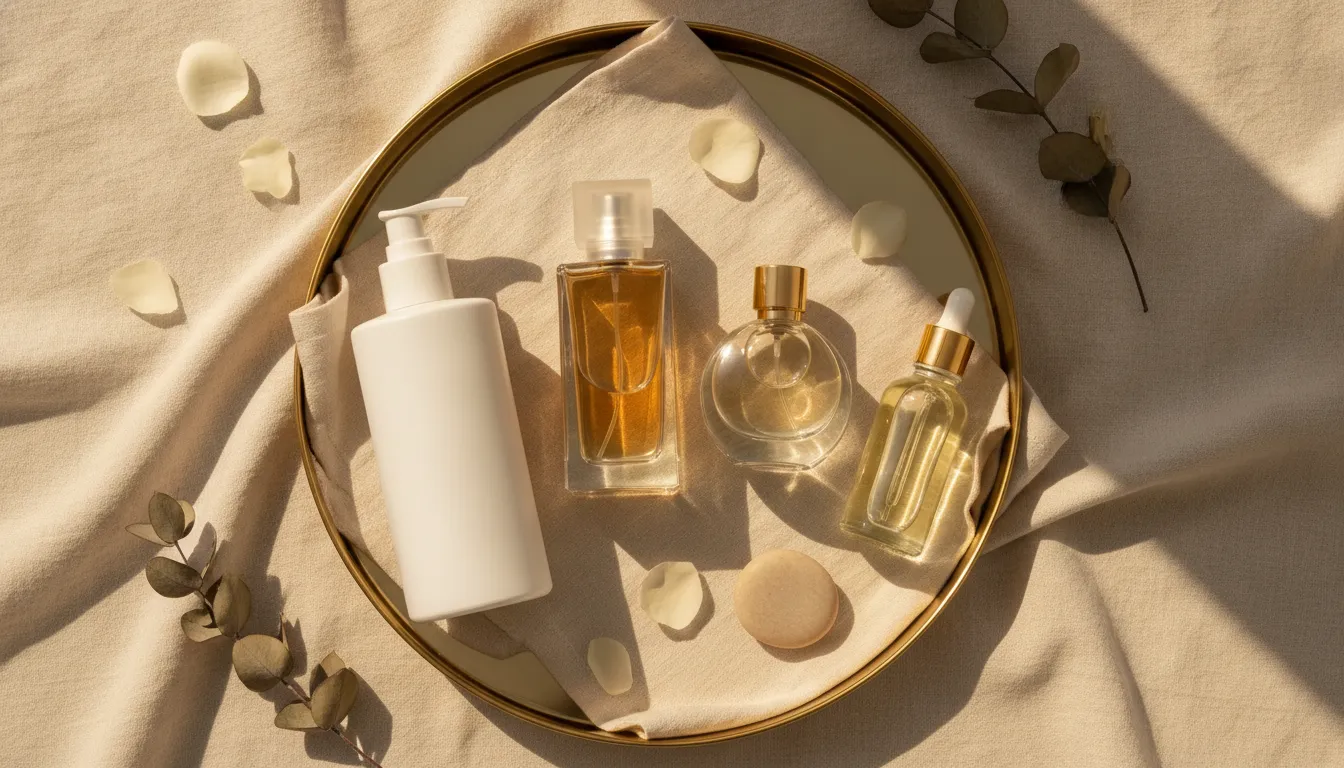 Perfume, scented lotion, and body oil arranged for fragrance layering