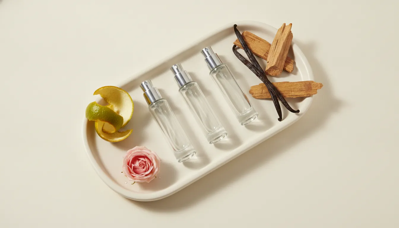 Fragrance discovery tray with perfume atomizers, rose, bergamot, cedar wood, and vanilla