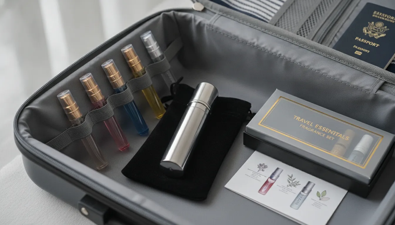 Travel atomizer and small perfume vials packed in a carry-on bag for fragrance storage on the go