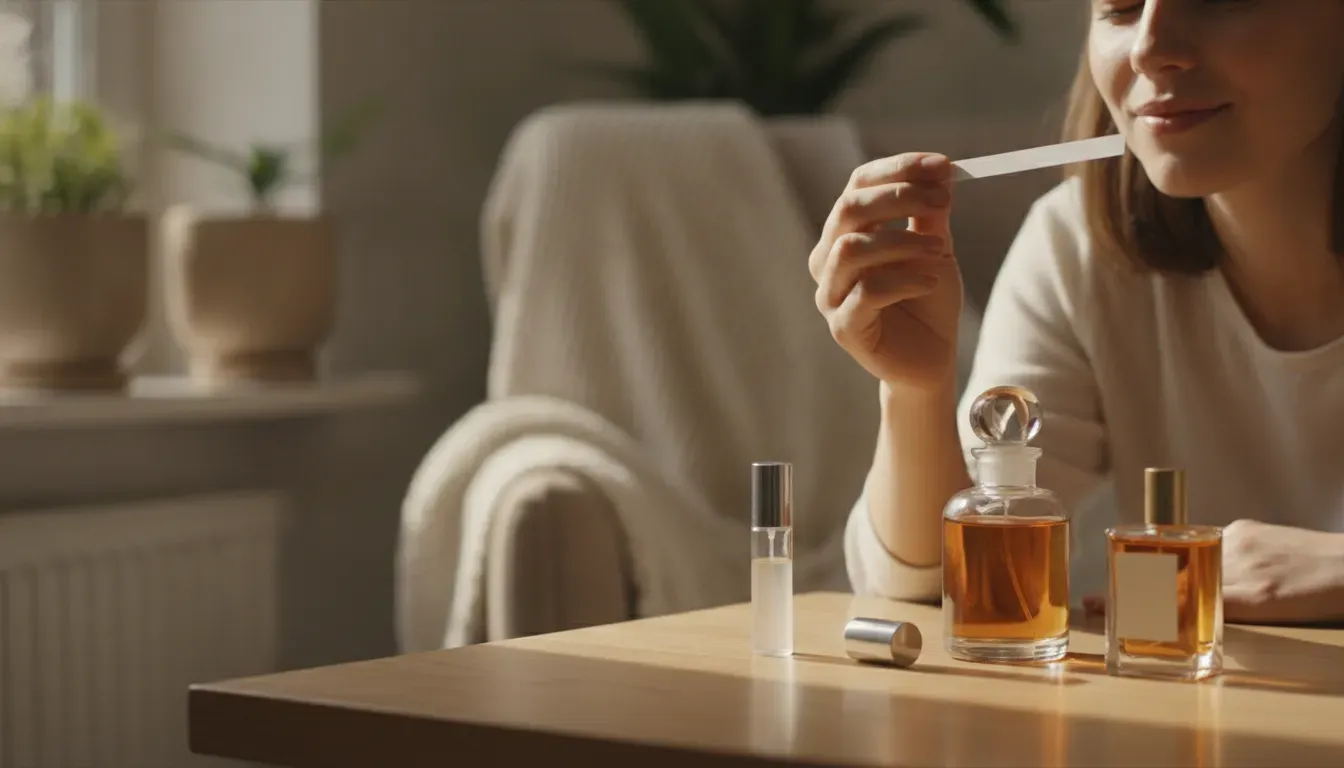 Person testing parfum on a scent blotter beside travel atomizers