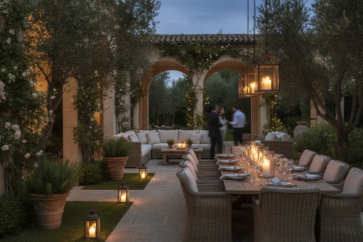 A softly lit outdoor gathering area at a private estate