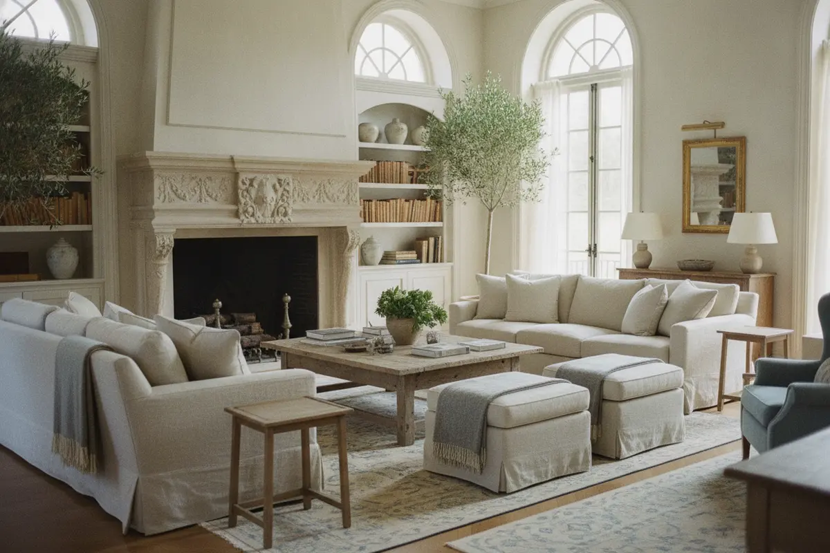 An elegant estate gathering space with natural light and comfortable seating