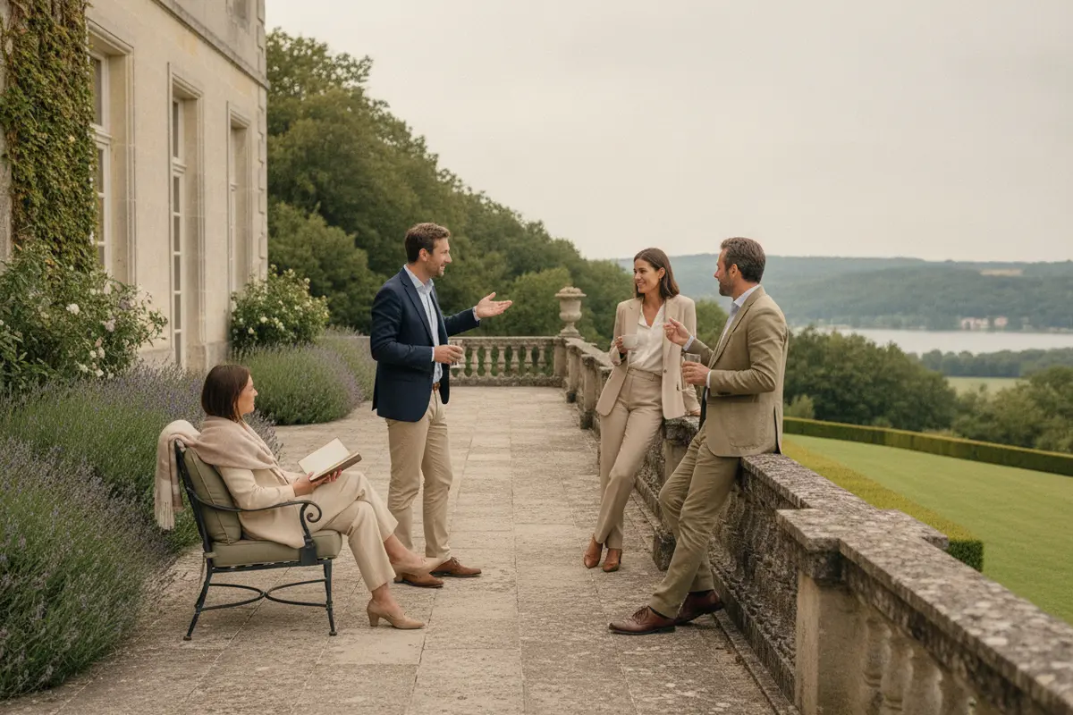 Colleagues sharing an outdoor pause during a private estate retreat