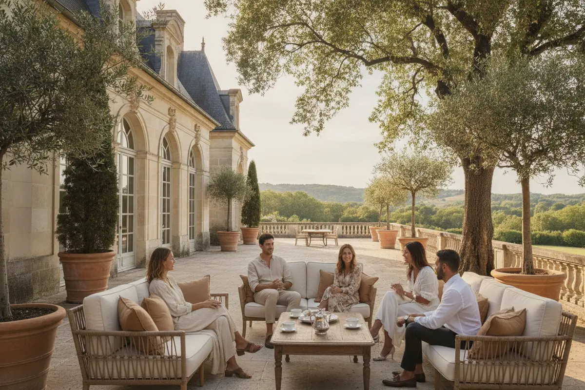Guests talking on the estate terrace beside landscaped grounds