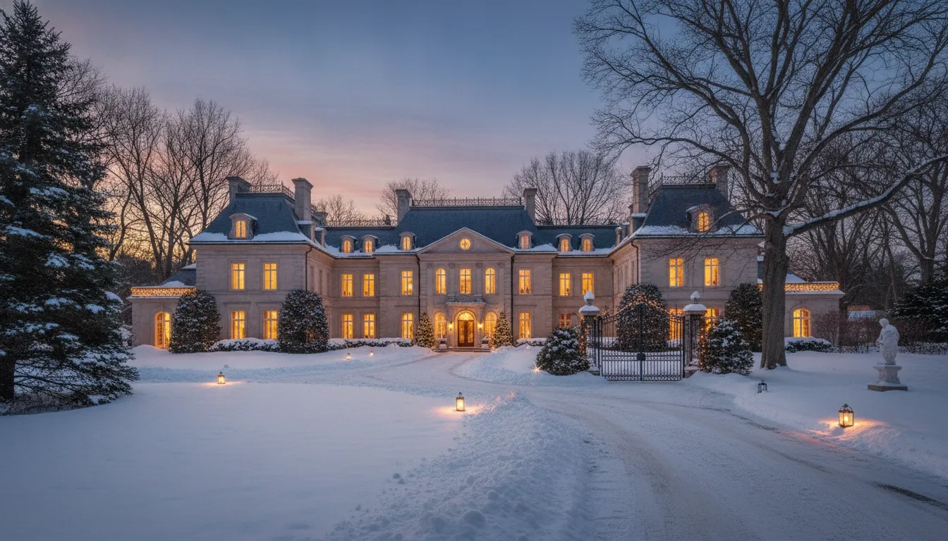 Winter evening view of a private estate near Boston prepared for a holiday gathering