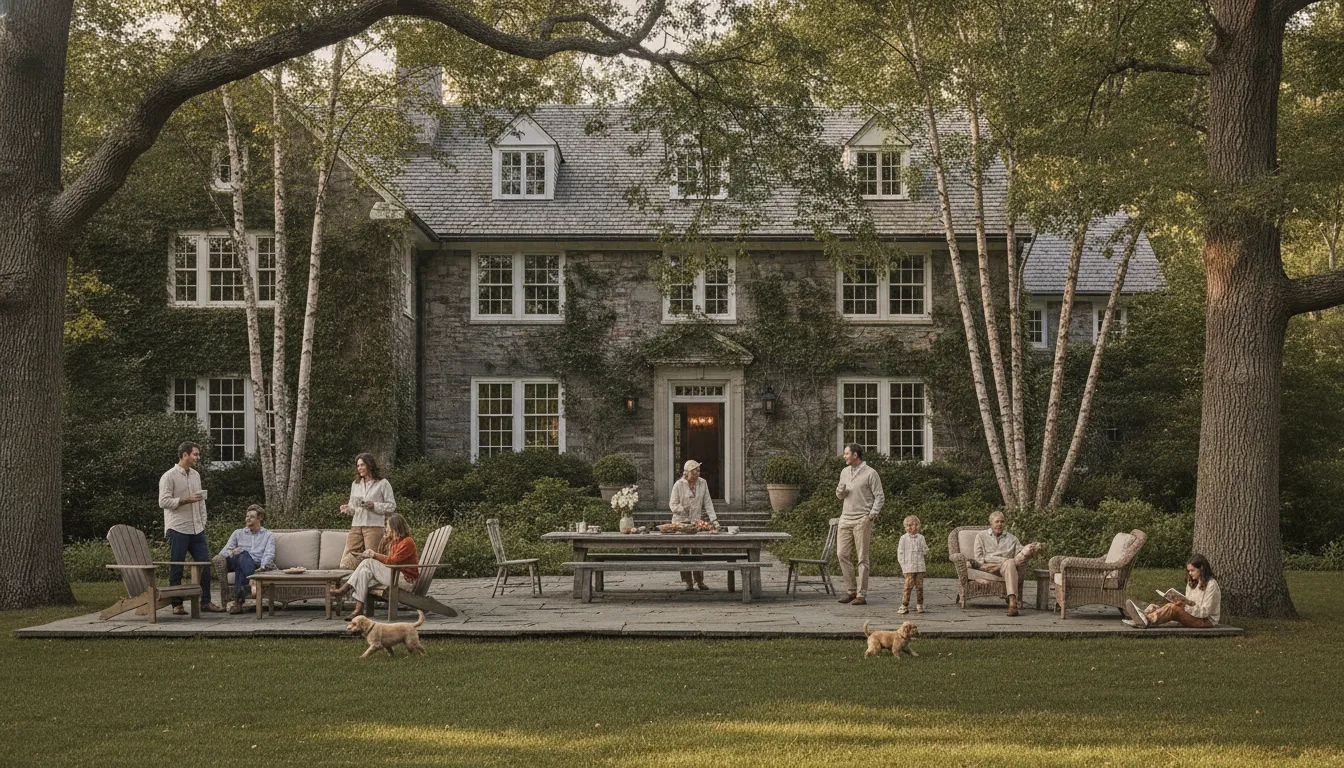 Multi-generational family gathering on a private New England estate terrace