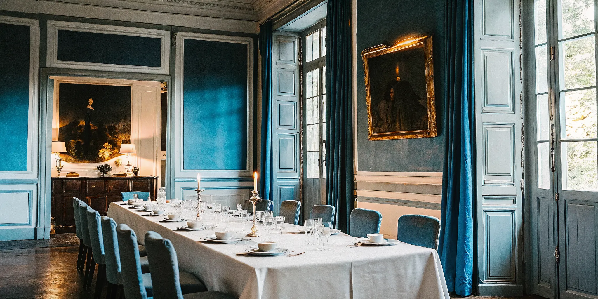 Elegant dining room with a long table set for a multi-generational family dinner at a private estate