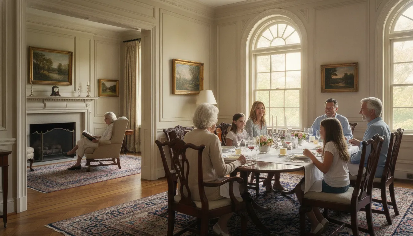 Family members share a dining room while a guest reads in a nearby sitting room