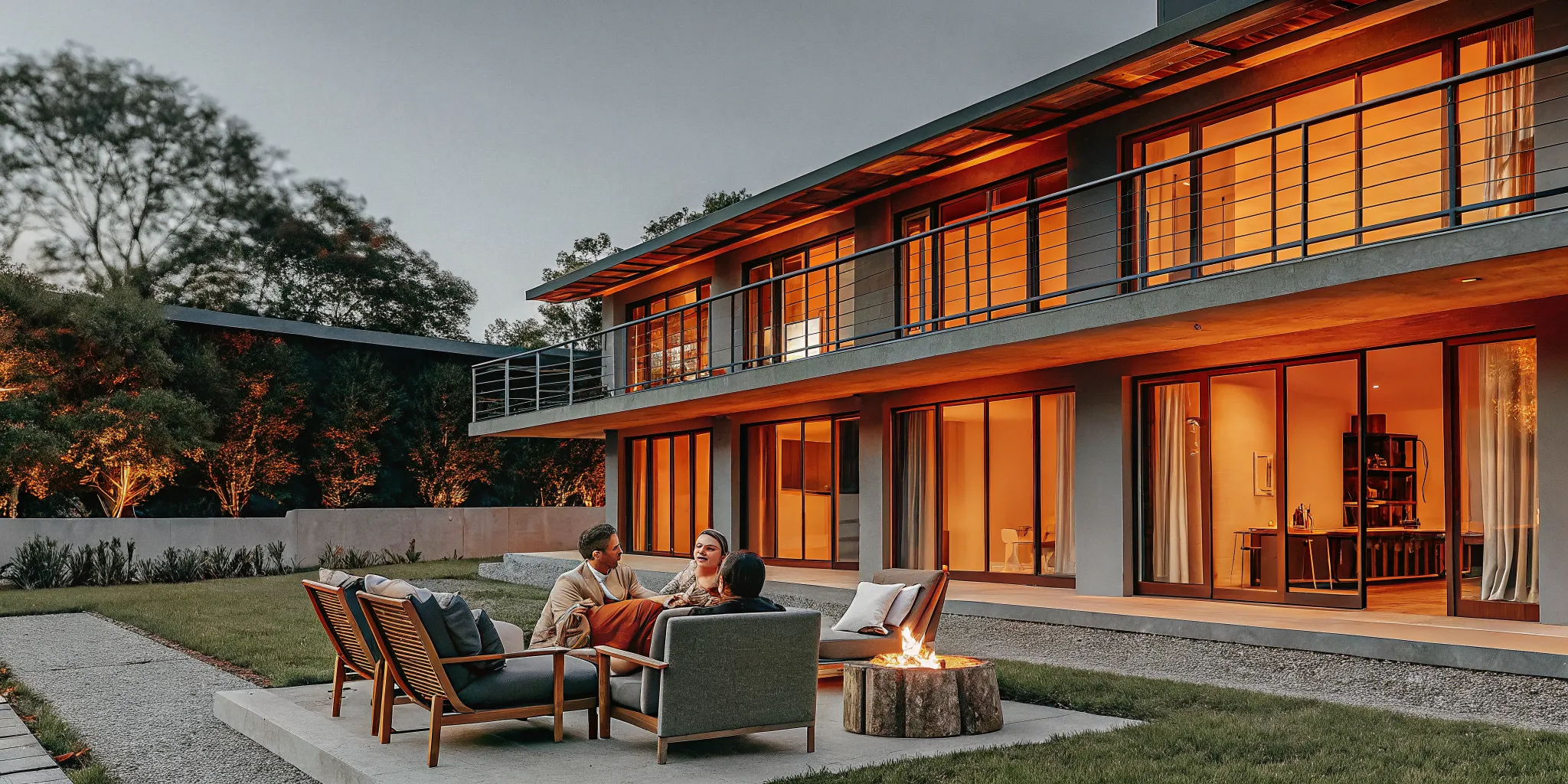 Private estate grounds with outdoor terrace seating area, fire pit, and manicured lawn