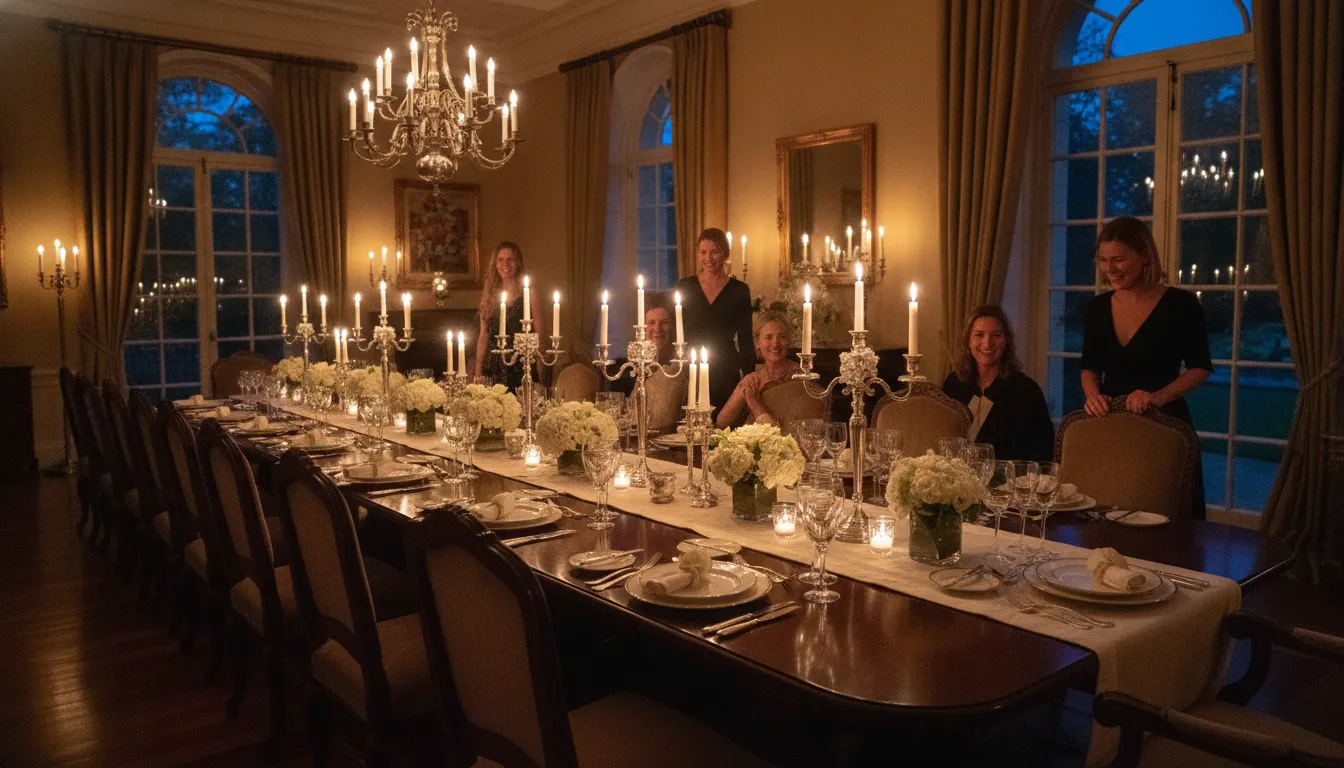 Candlelit dinner table inside a private estate for a milestone birthday celebration