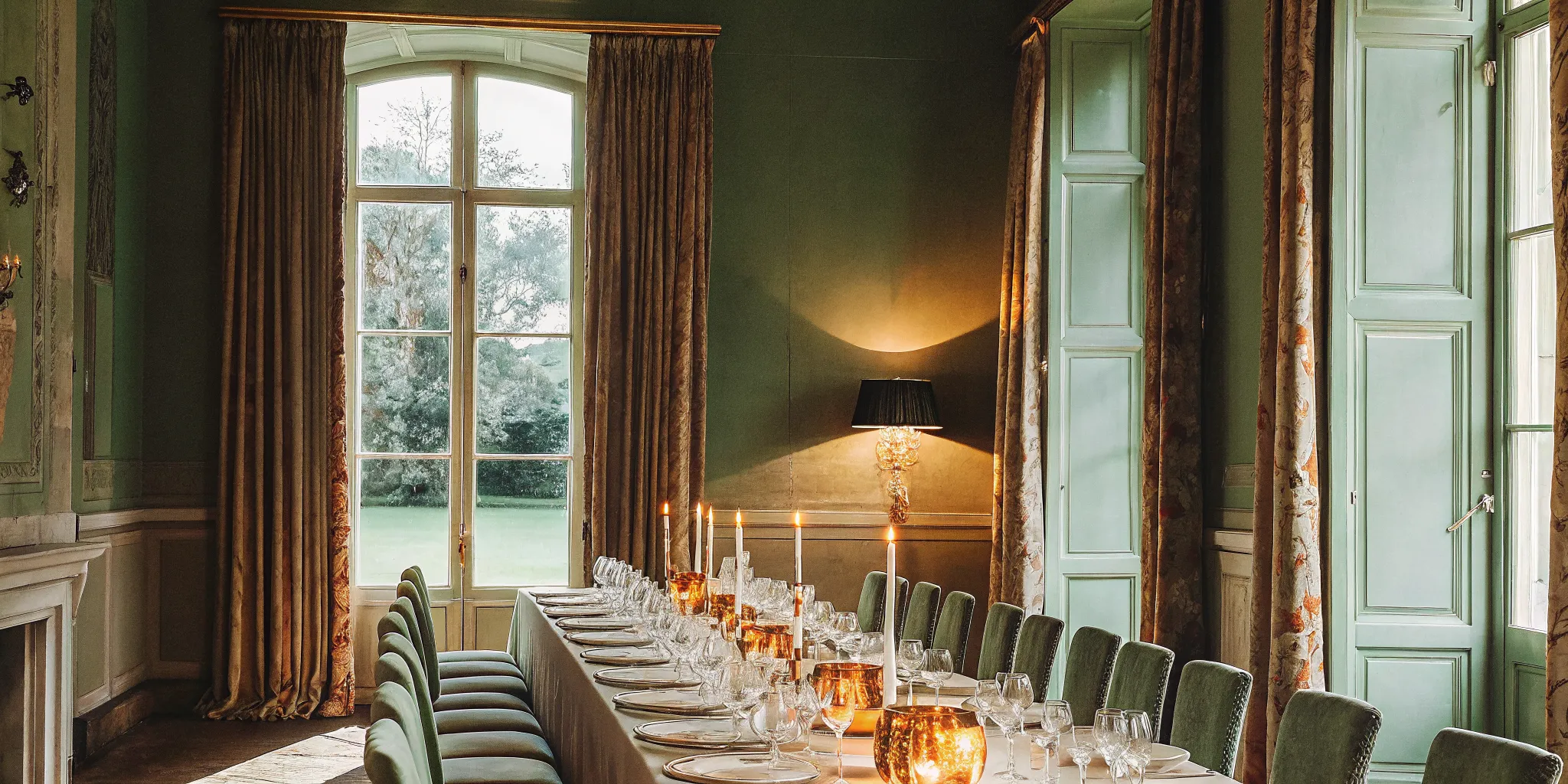 Elegant estate dining room prepared for an executive group dinner with refined table setting