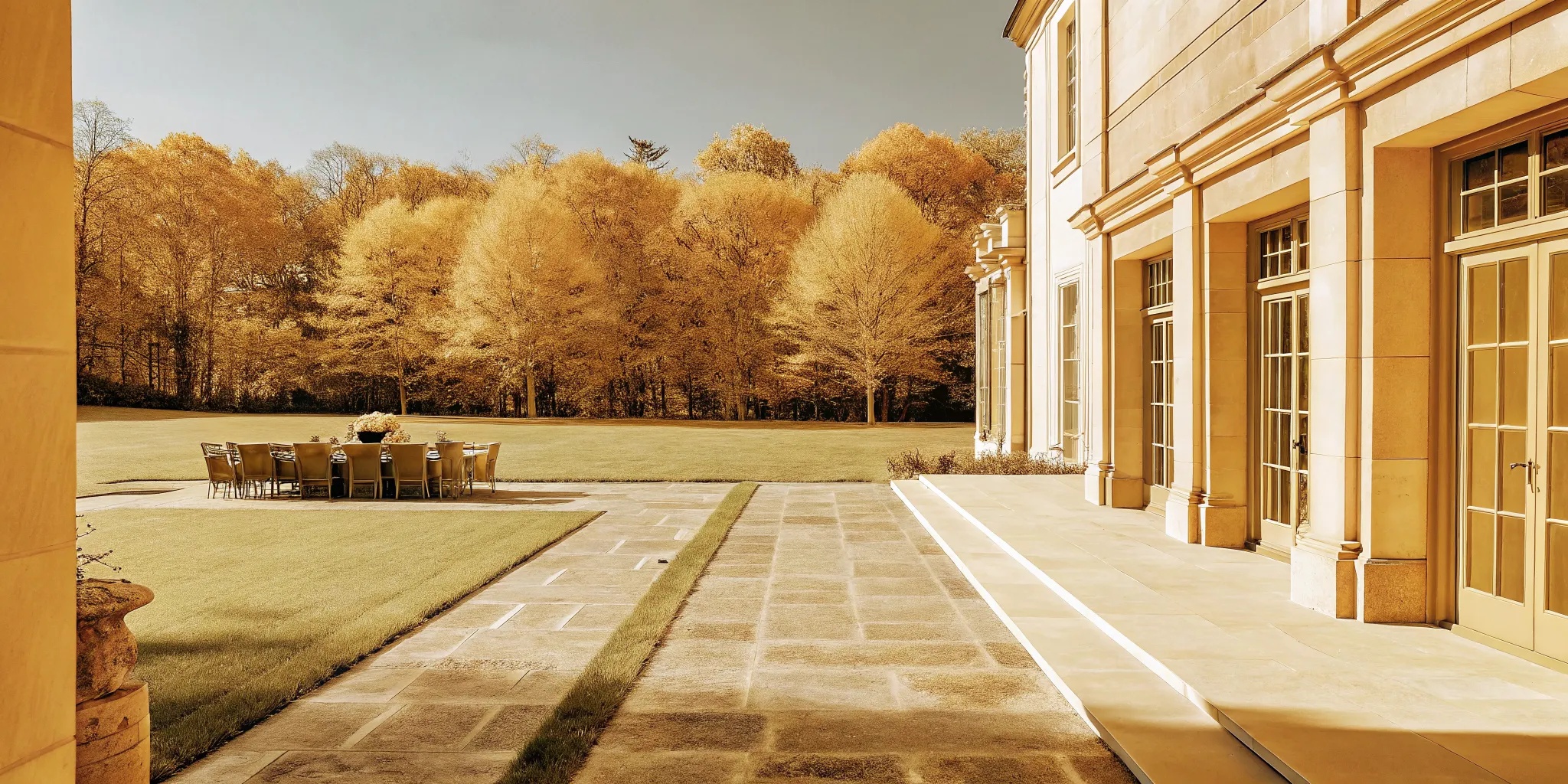 Stone terrace and manicured grounds of The Charles Chateau private estate in Dedham, Massachusetts