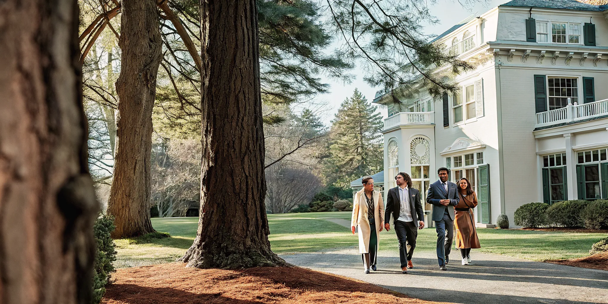A leadership team walking across the manicured grounds of a private estate near Boston