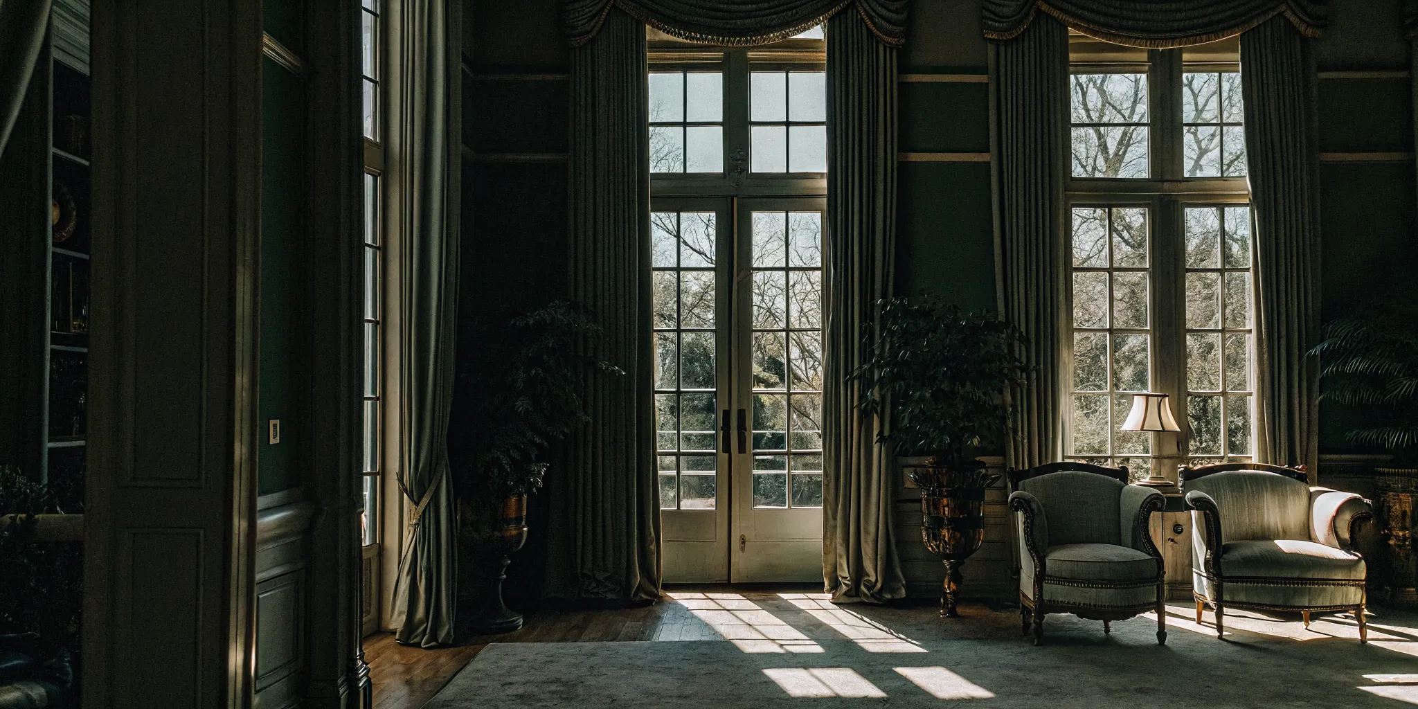 Grand salon interior of The Charles Chateau with tall windows, decorative moldings, and elegant furnishings