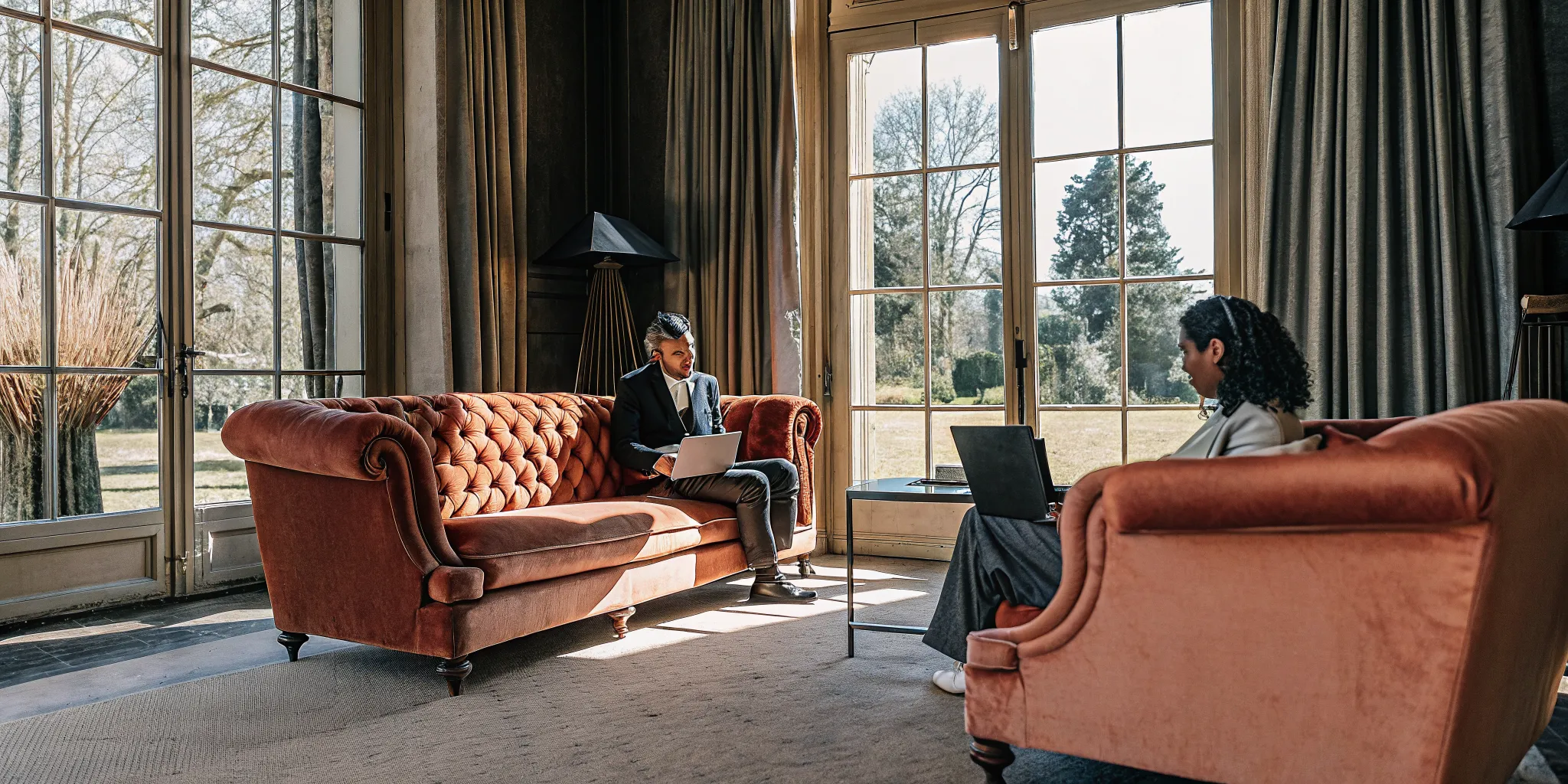 Elegant private estate meeting space with large windows, natural light, and luxurious sitting area for executive corporate retreats