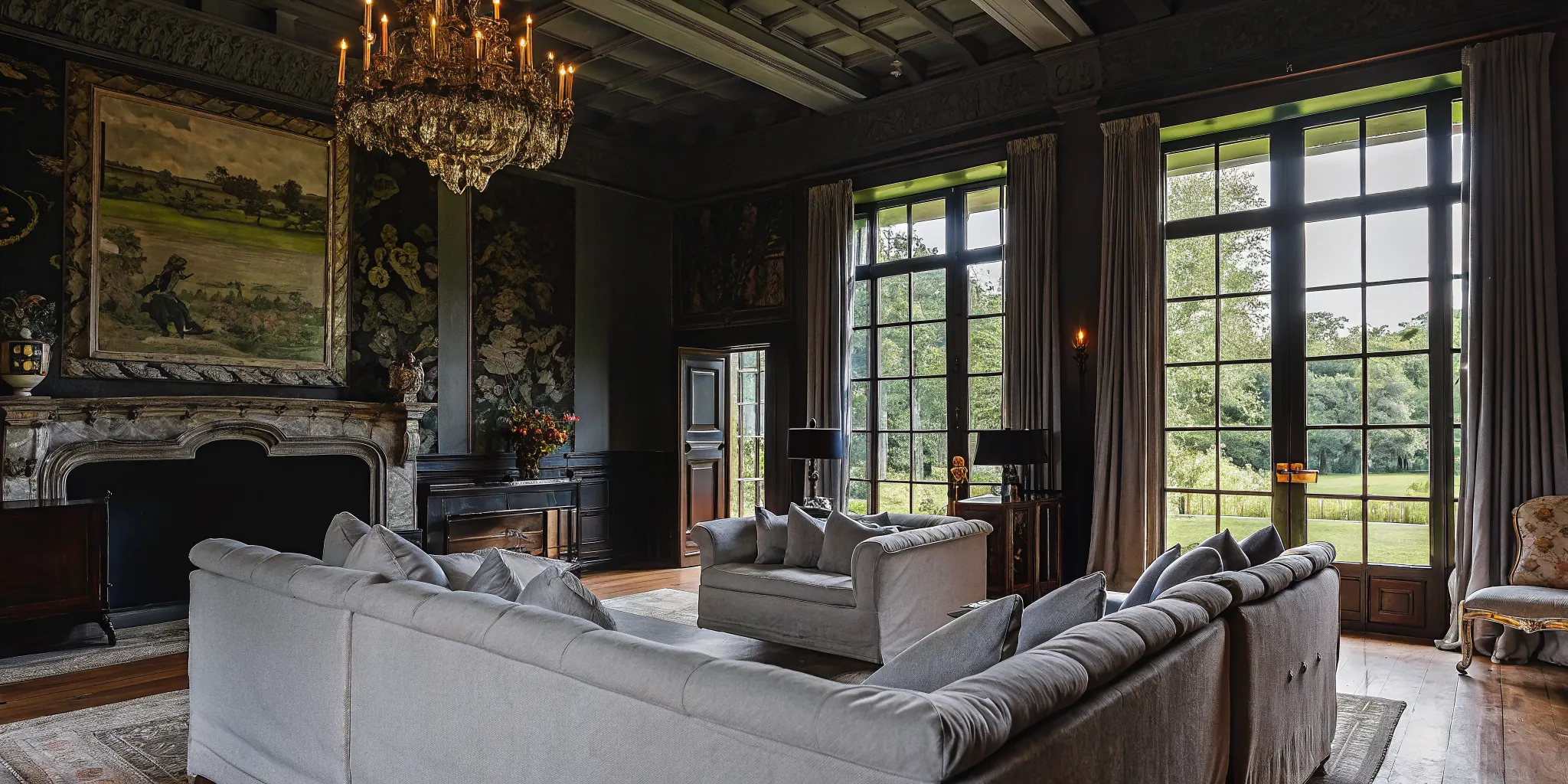 Elegant living room interior at The Charles Chateau private estate in Dedham, Massachusetts