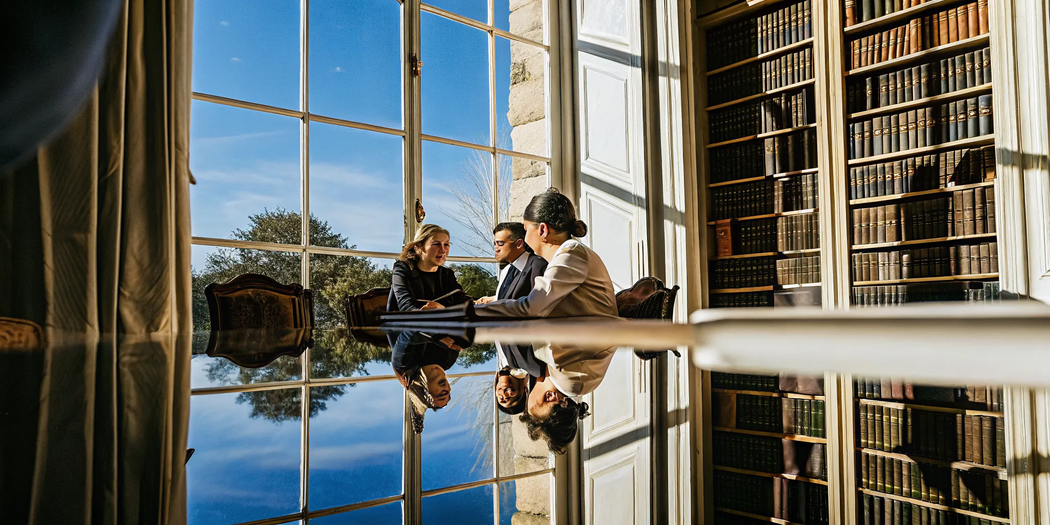 Executive team gathered in a French Chateau-style library for a strategic corporate retreat planning session