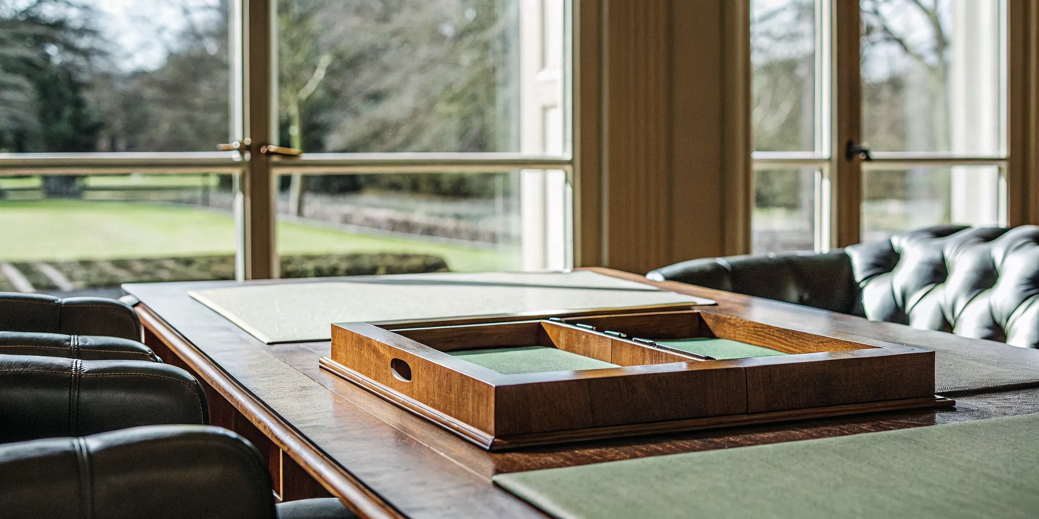 A luxury executive meeting room at a private corporate offsite venue near Boston, featuring a modern timber table, premium chairs, and bright natural light.
