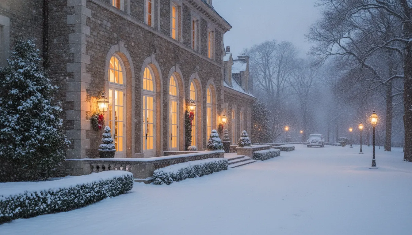 Snow-dusted private estate prepared for a corporate holiday gathering near Boston