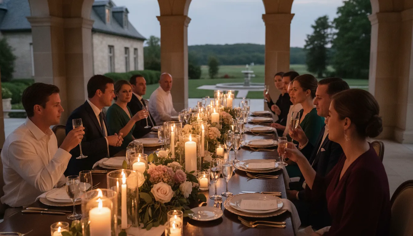 Guests gathering for a private rehearsal dinner at a Massachusetts estate