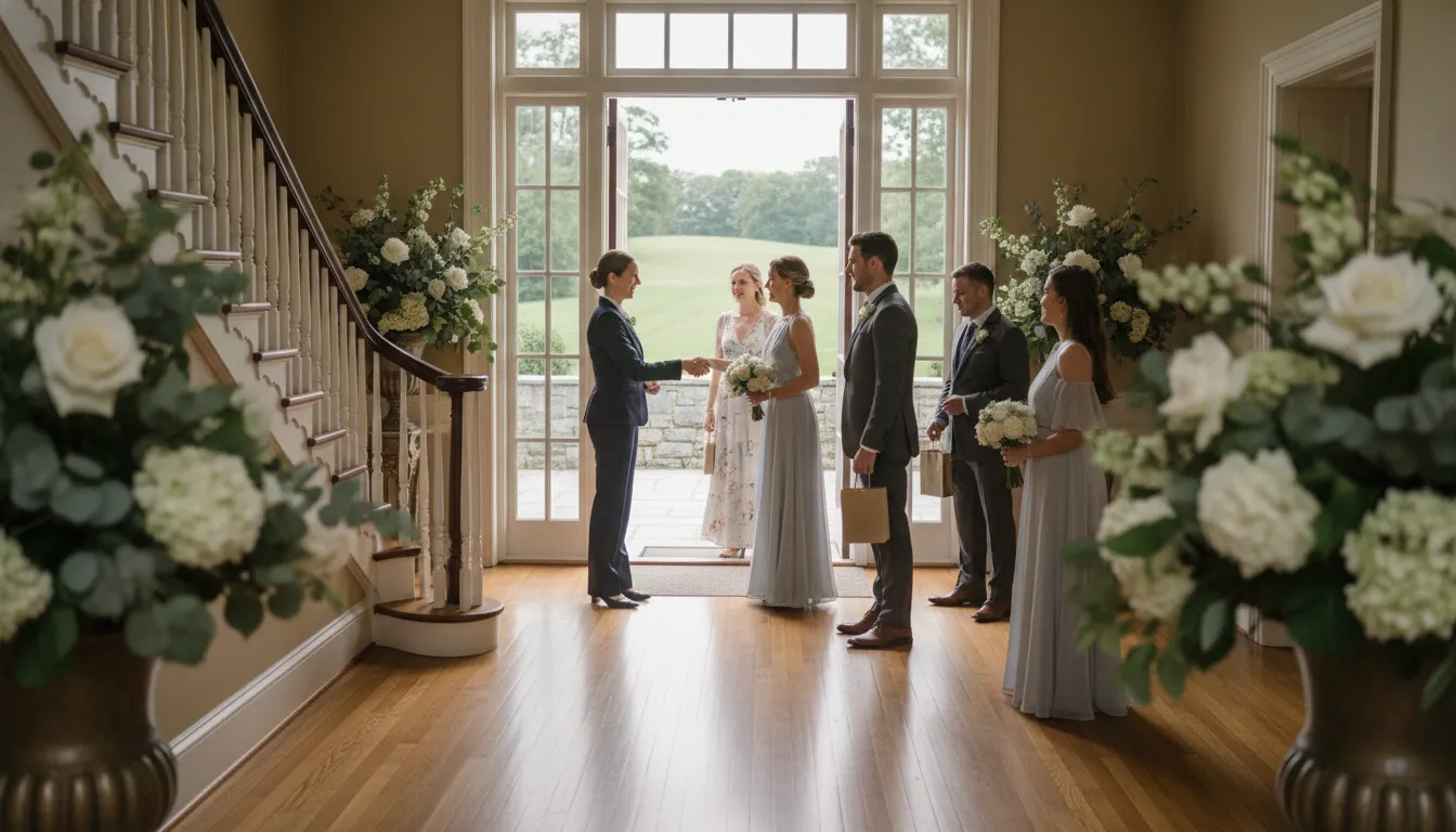 Concierge host welcoming wedding guests at a private estate near Boston