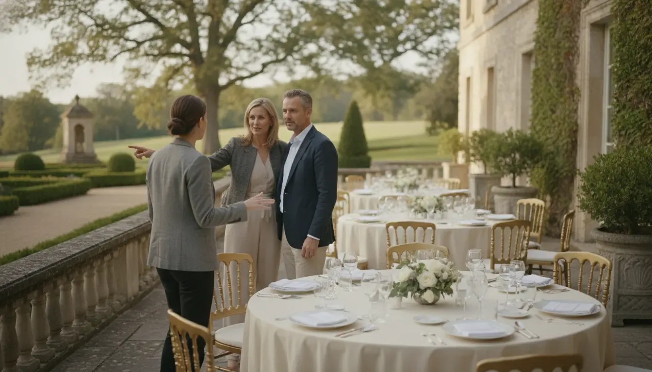 Event planner reviewing guest flow with a client on a private estate terrace near Boston